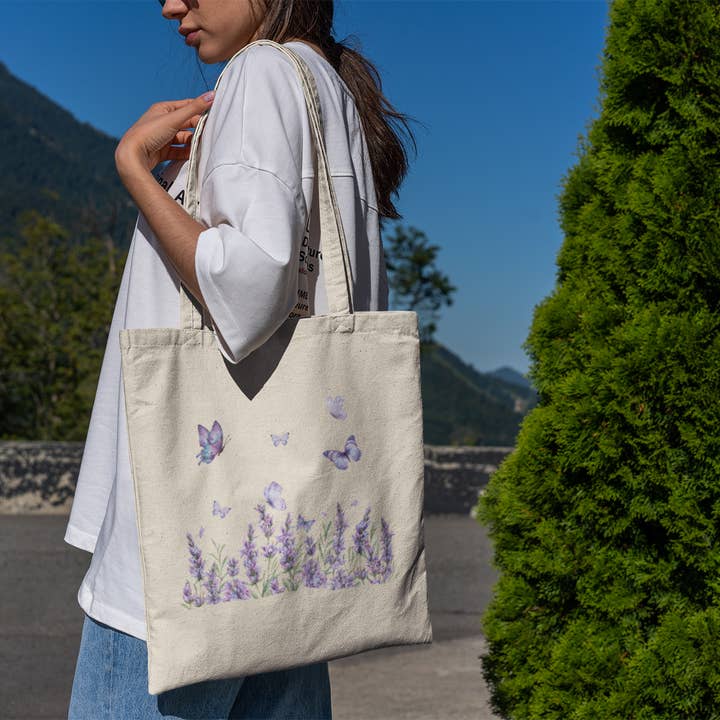 Sac fourre-tout en toile Papillon Lavande – Sac réutilisable inspiré par la nature pour la vente par Happythings76