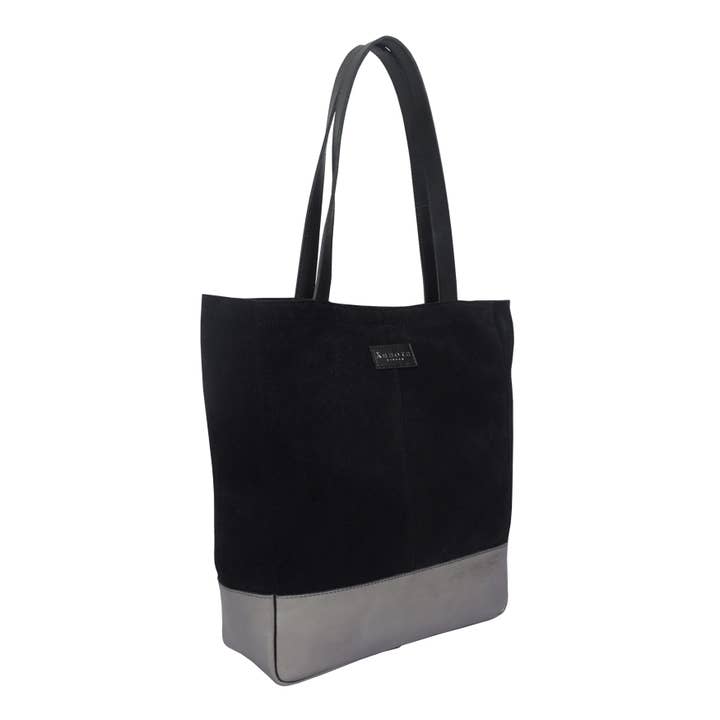 Assots London - Wholesale Tote Bag - Women's - 'PAIGE' Black Real Leather + Pewter Metallic Leather Tote
