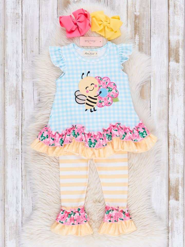Marie Nicole Clothing - Wholesale Top & Leggings Set - Kids - Embroidered Sweet Bee Ruffle Outfit