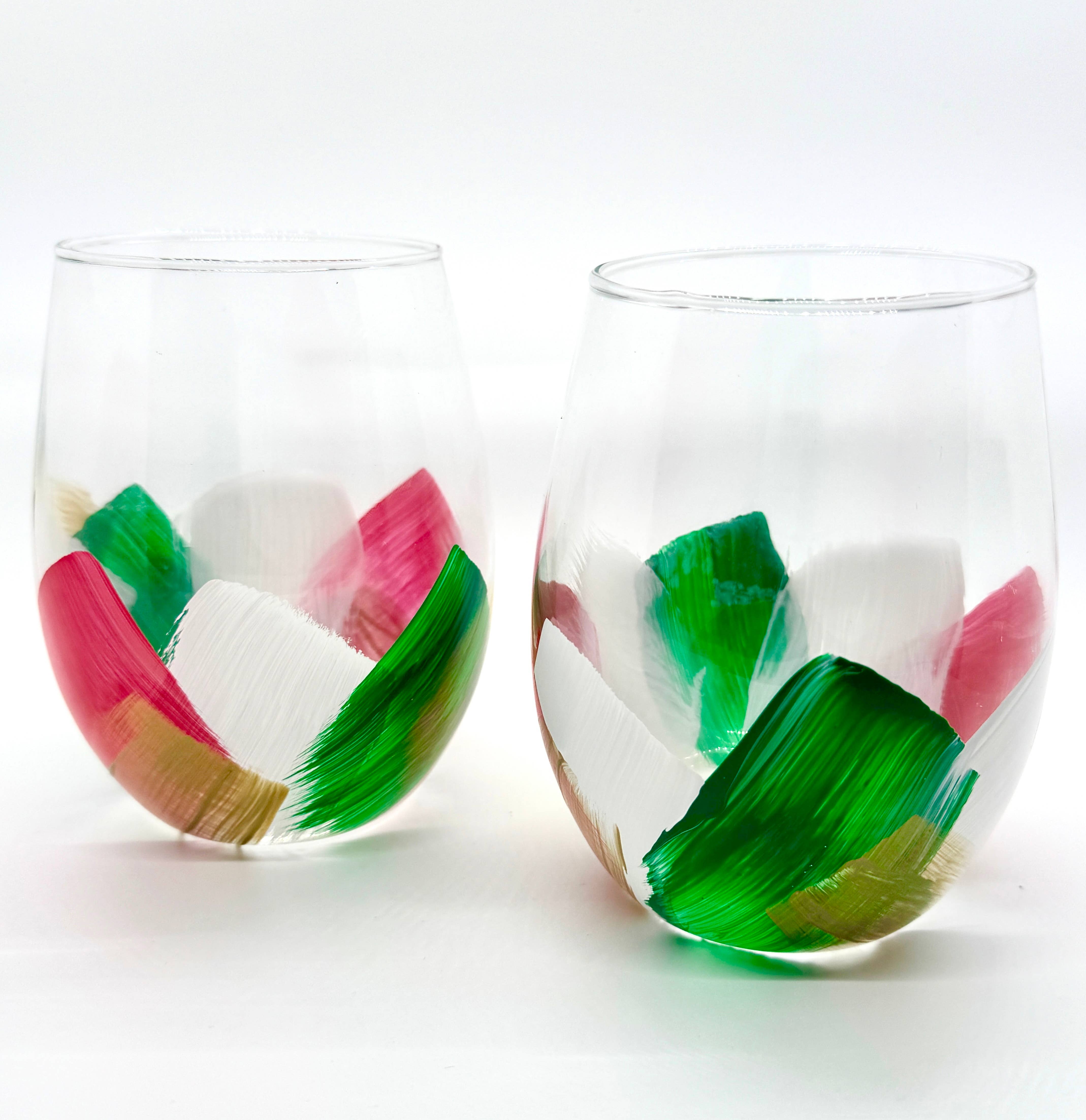 Heather Eck Artist LLC - Wholesale Wine Glass - Christmas | Stemless Wine Glasses | Holiday Wine Red Green