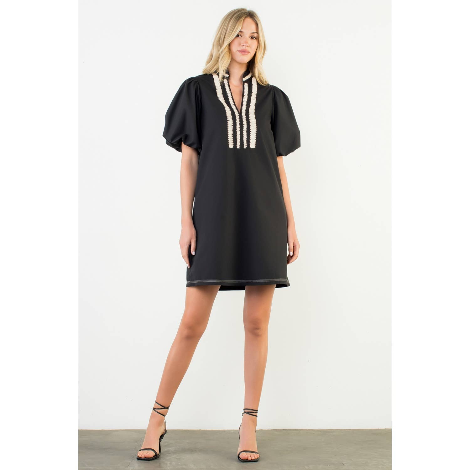 BLACK Puff Sleeve Embroidered Textured Dress for wholesale on Faire2