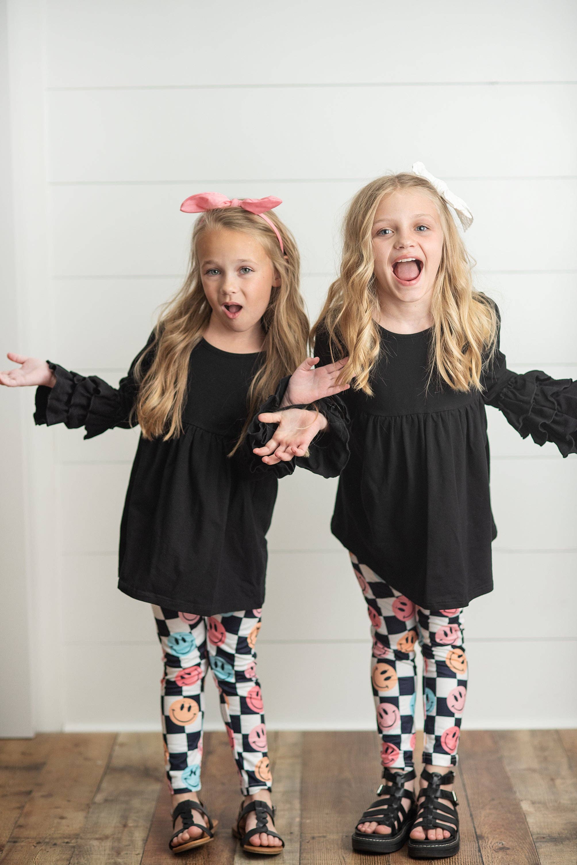 Adorable Sweetness - Wholesale Top & Leggings Set - Kids - Kids Black & White Check Smiley Face Ruffle Top Leggings Set1