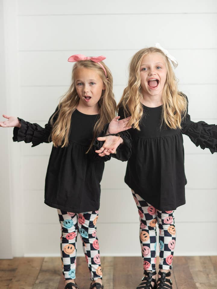 Adorable Sweetness - Wholesale Top & Leggings Set - Kids - Kids Black & White Check Smiley Face Ruffle Top Leggings Set1