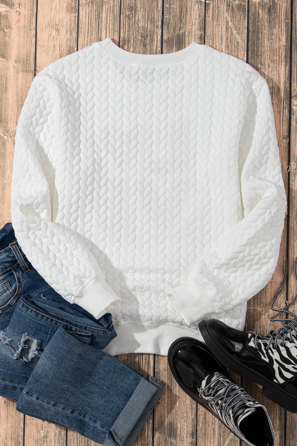 Suhkasana - Wholesale Sweatshirt - Women's - White LUCKY Chenille Embroidered Cable Knit Pullover Sweatshirt33