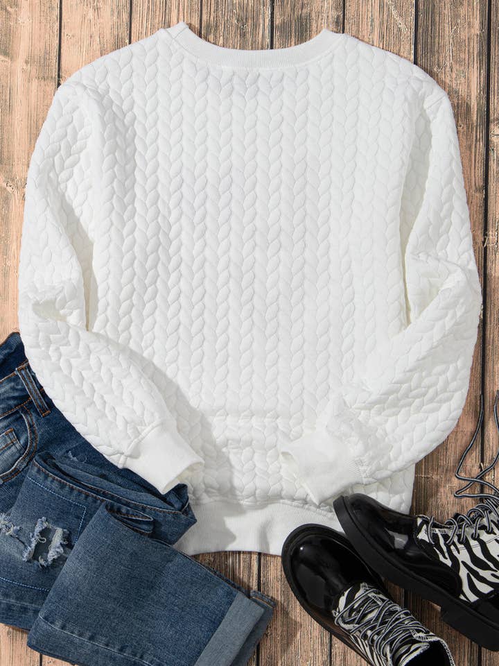 Suhkasana - Wholesale Sweatshirt - Women's - White LUCKY Chenille Embroidered Cable Knit Pullover Sweatshirt33