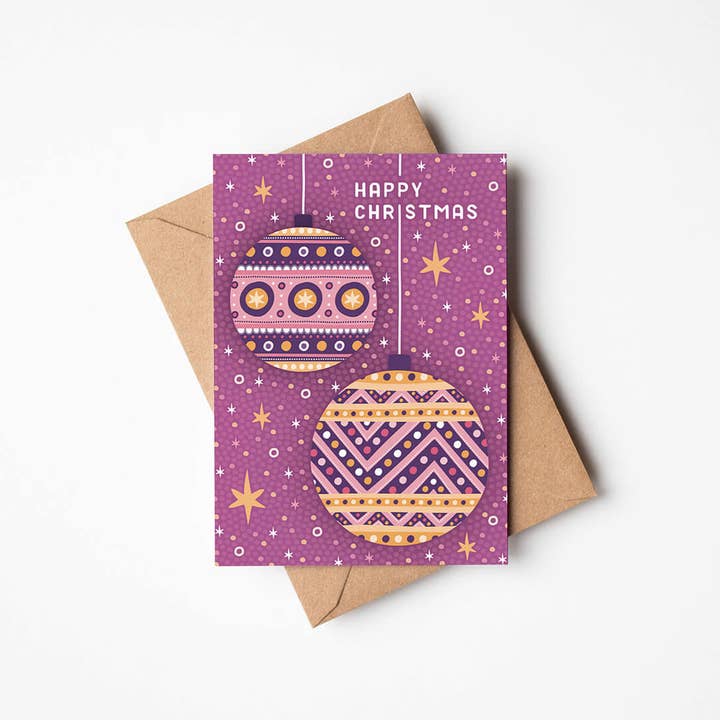 Pink and Gold Illustrated Baubles Christmas Card for wholesale by Jess A Little Creative
