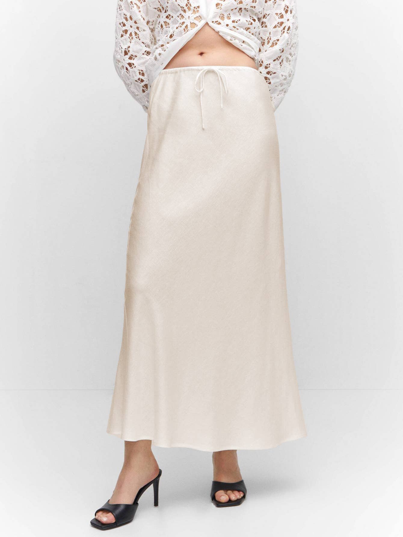 HIDDENBRAND - Wholesale Skirt - Women's - Satin High-Waisted Drawstring Tie Maxi Skirt9