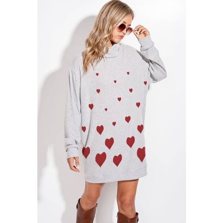 Phil Love - Wholesale Dress - Women's - Heart print rib knit Turtle neck tunic dress