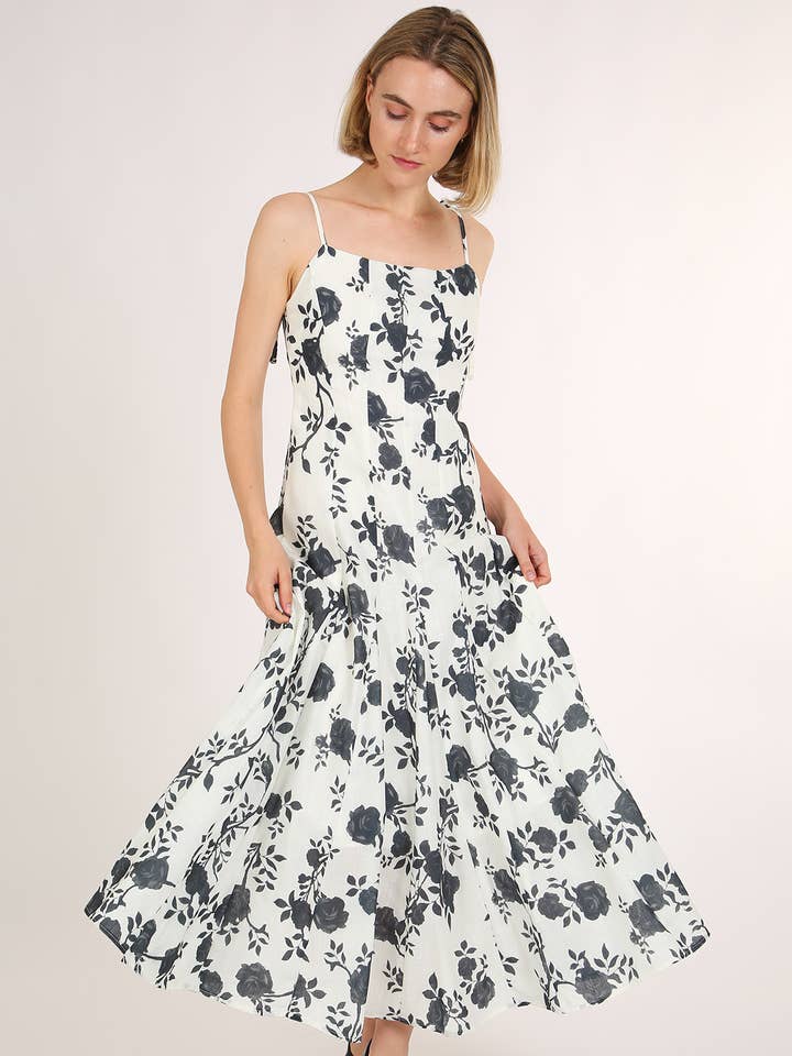 Abito lungo a trapezio con stampa floreale a contrasto QC3326 per la vendita all'ingrosso da parte di Beulah Style