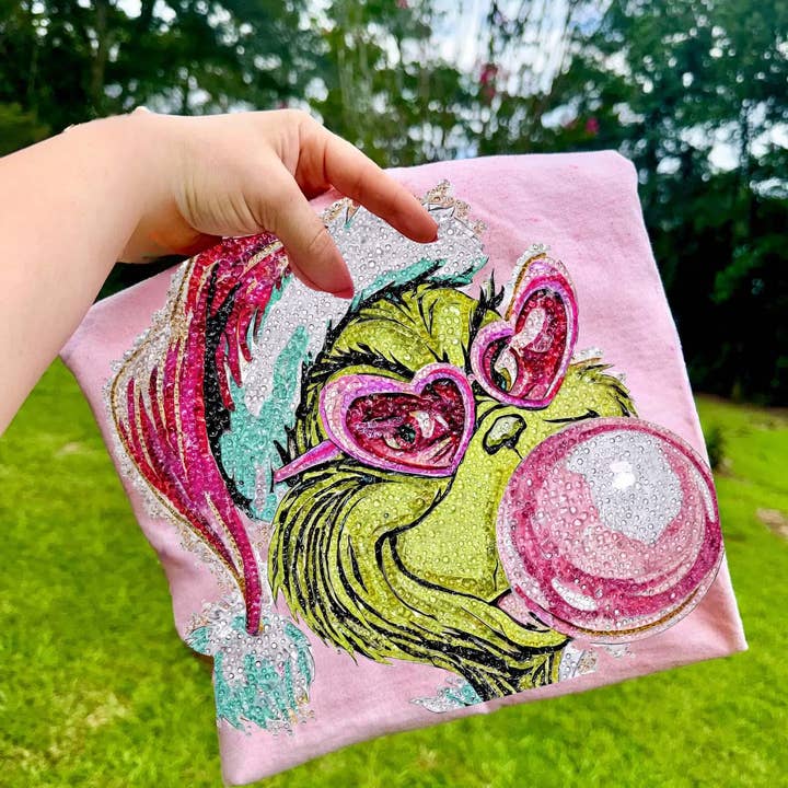 Faux Christmas Rhinestone Tee, Pink Bubblegum Grinch Sweater for wholesale by DLT Ecommerce