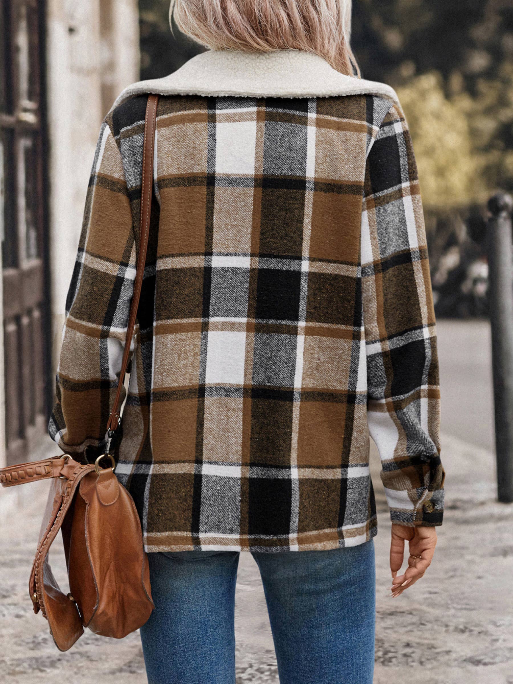 Brown Brushed Collar Plaid Coat for wholesale on Faire2