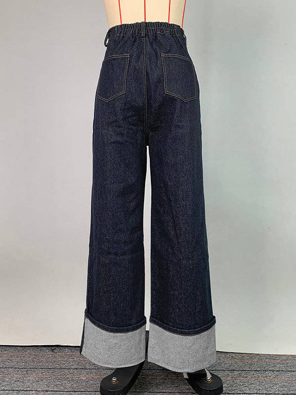 DEEP BLUE High Waist Straight Contrast Split Jean Pants for wholesale on Faire19