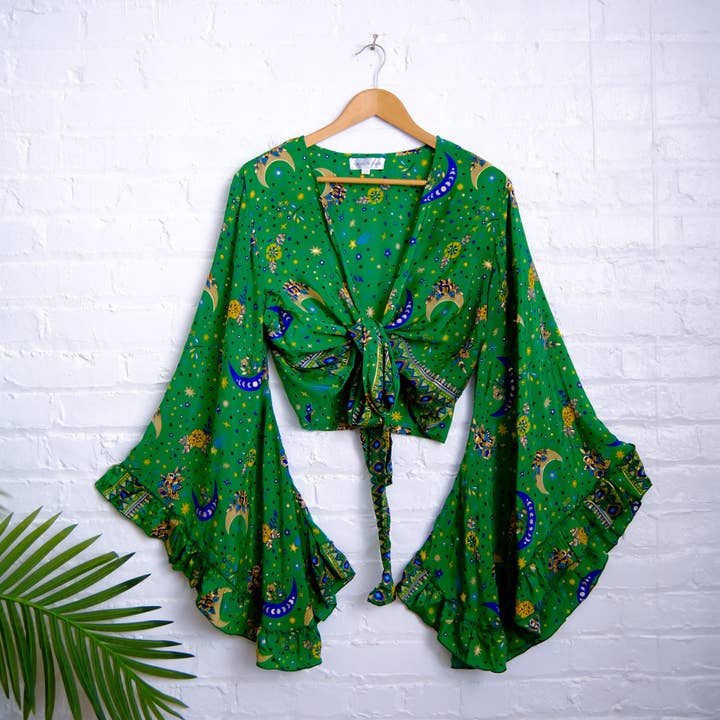 Karma Nepal Crafts - Wholesale Blouse - Dames - Hemelse wikkeltop met ronde mouwen en ruches in Boheemse stijl11