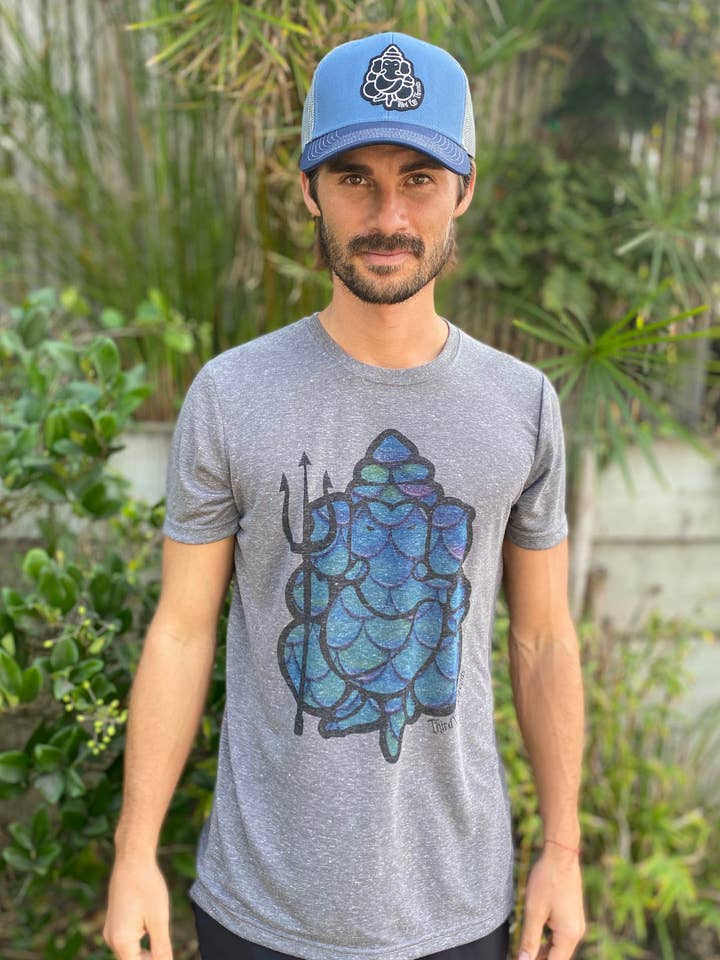 Camiseta Merman Ganesh With Trident on Linen Blend Gola Redonda por atacado de Third Eye Threads