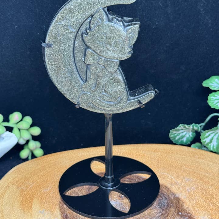 The 7 Directions - Wholesale Spiritual Stone/Crystal - Obsidian moon cat carving w/ stand G7651