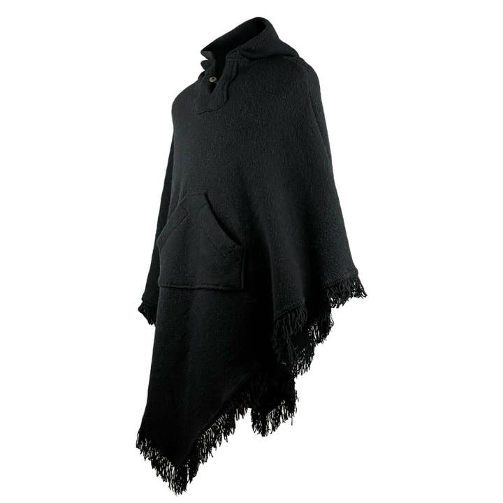 ECUALAMA – wholesale Poncho – Unisex – Surfers Poncho with hood and pocket llama wool - BLACK1