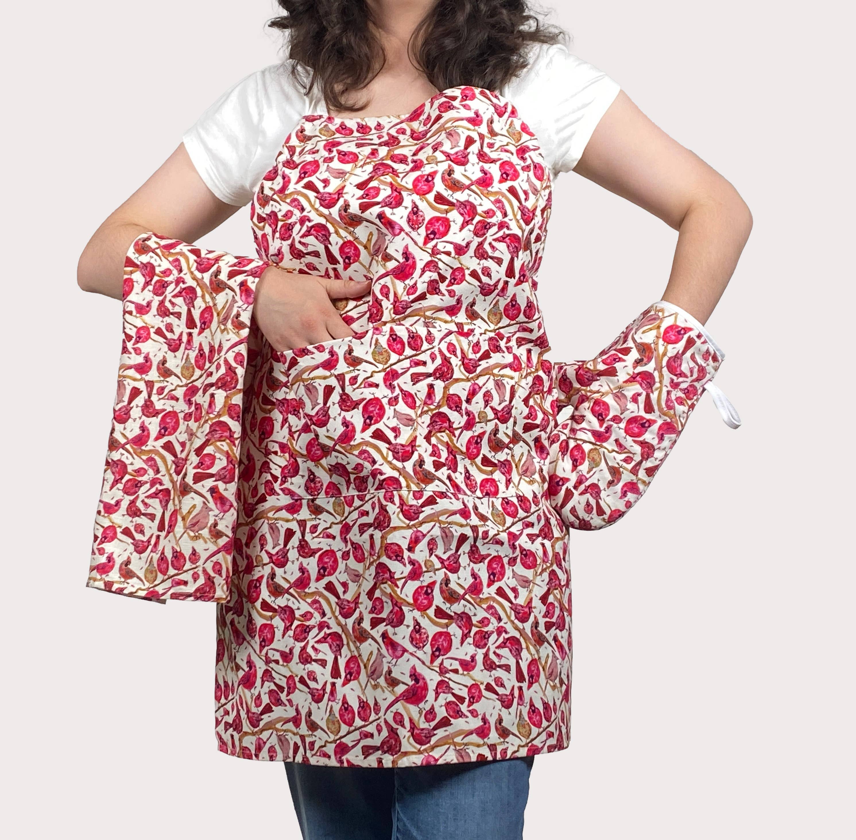 Cher the Fire - Wholesale Apron - Cotton Apron, Ivory Cardinal watercolor Holiday/Everyday4