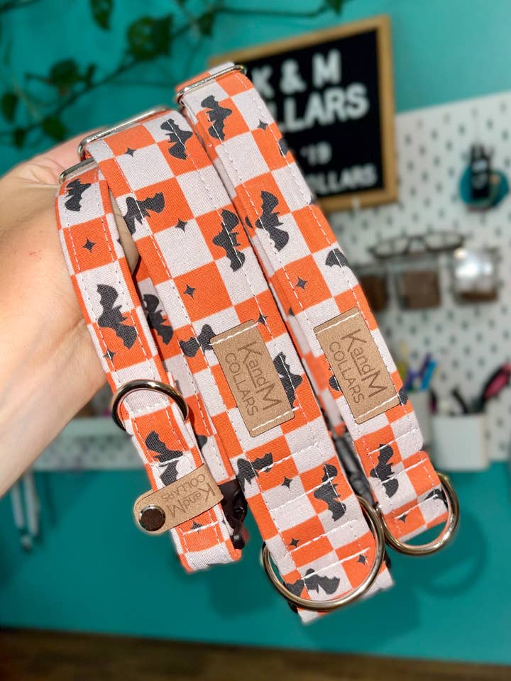 Checkered Bats Dog Collar, Fall, Halloween, K and M Collars for wholesale by K and M Collars