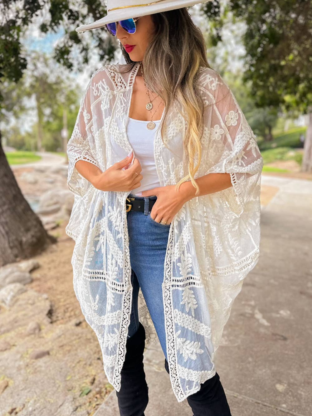 Ivory Floral Lace Sheer Dressy Kimono Cover Up for wholesale on Faire3