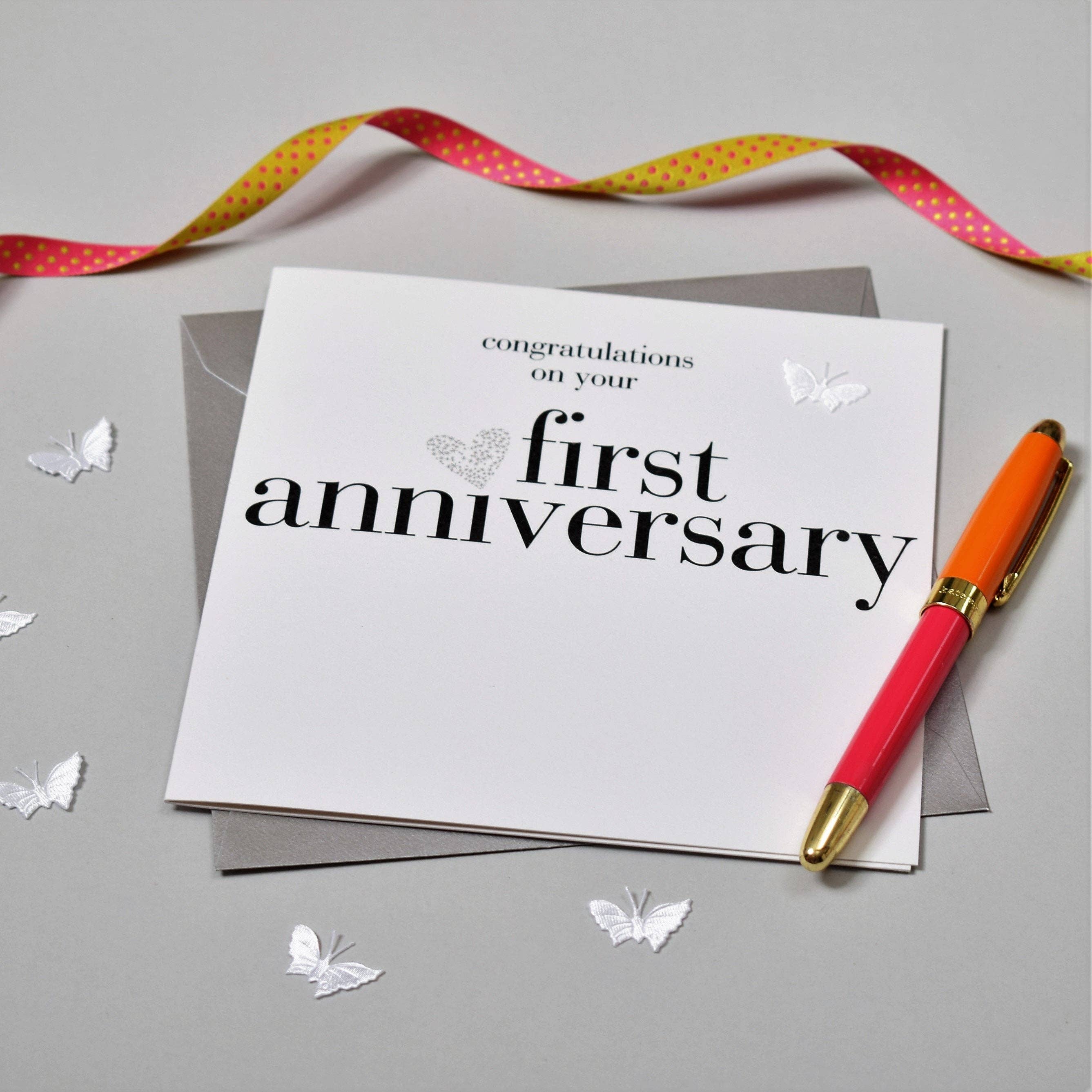 Claire Giles Ltd - Wholesale Anniversary Card - 1st Wedding Anniversary Card, Silver Heart, fabric butterfly Embellished2