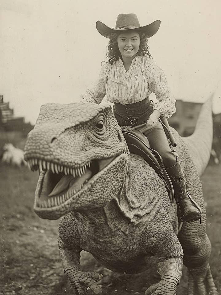 Cowgirl on Her Mount - Cryptid Cryptozoology Dinosaur Wall Art Prints - 8"x10" Art Print for 11"x14" Frame for wholesale by Mowbi