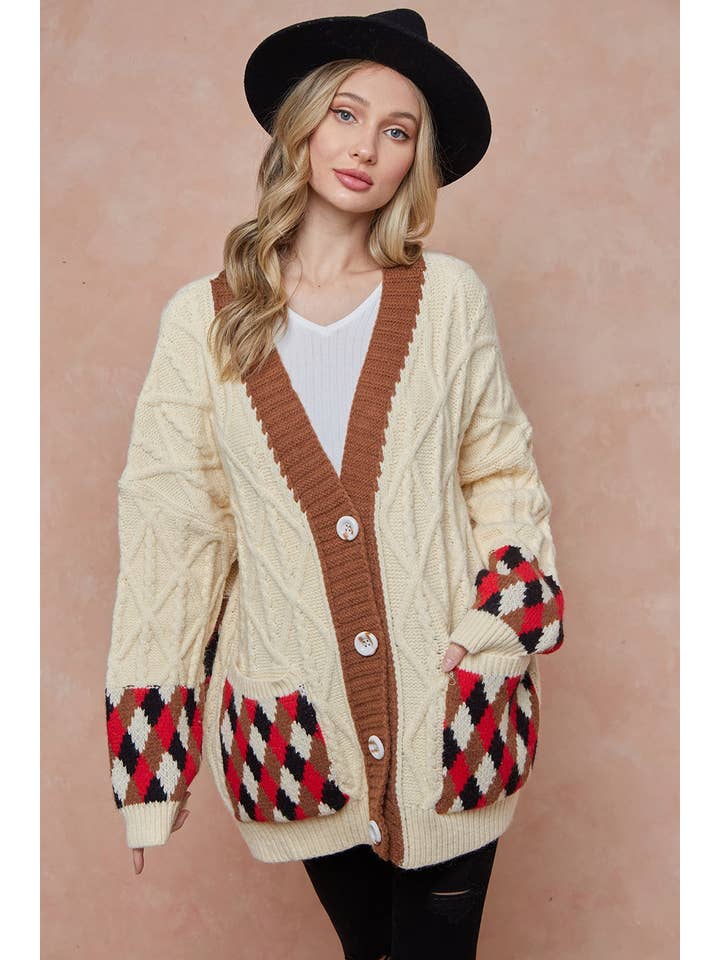 BNS - Vente Cardigan – femme - Cardigan en tricot à poches à motifs Argyle Beige