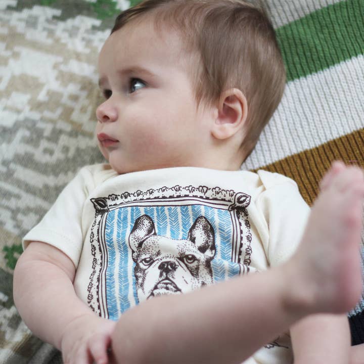 loop collection – Großhandel Body (ohne Füße) – Baby – Französische Bulldogge Bio-Baumwolle BabyBody - Natur & Cyan2