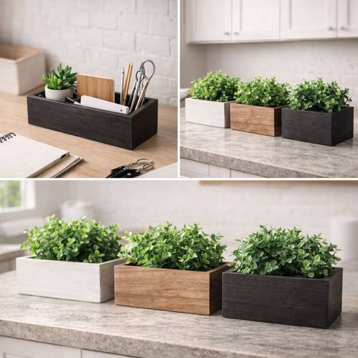 SWS BASKETS AND HOME DECOR – suporte para vasos de plantas por atacado – Caixa de Plantador de Madeira com Forro para Flores e Armazenamento de Secretária1