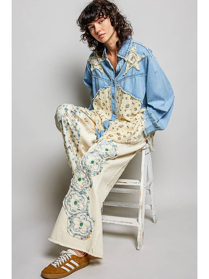 Pol Clothing - Vente Jean – femme - Pantalon en denim à cordon de serrage avec empiècement floral21