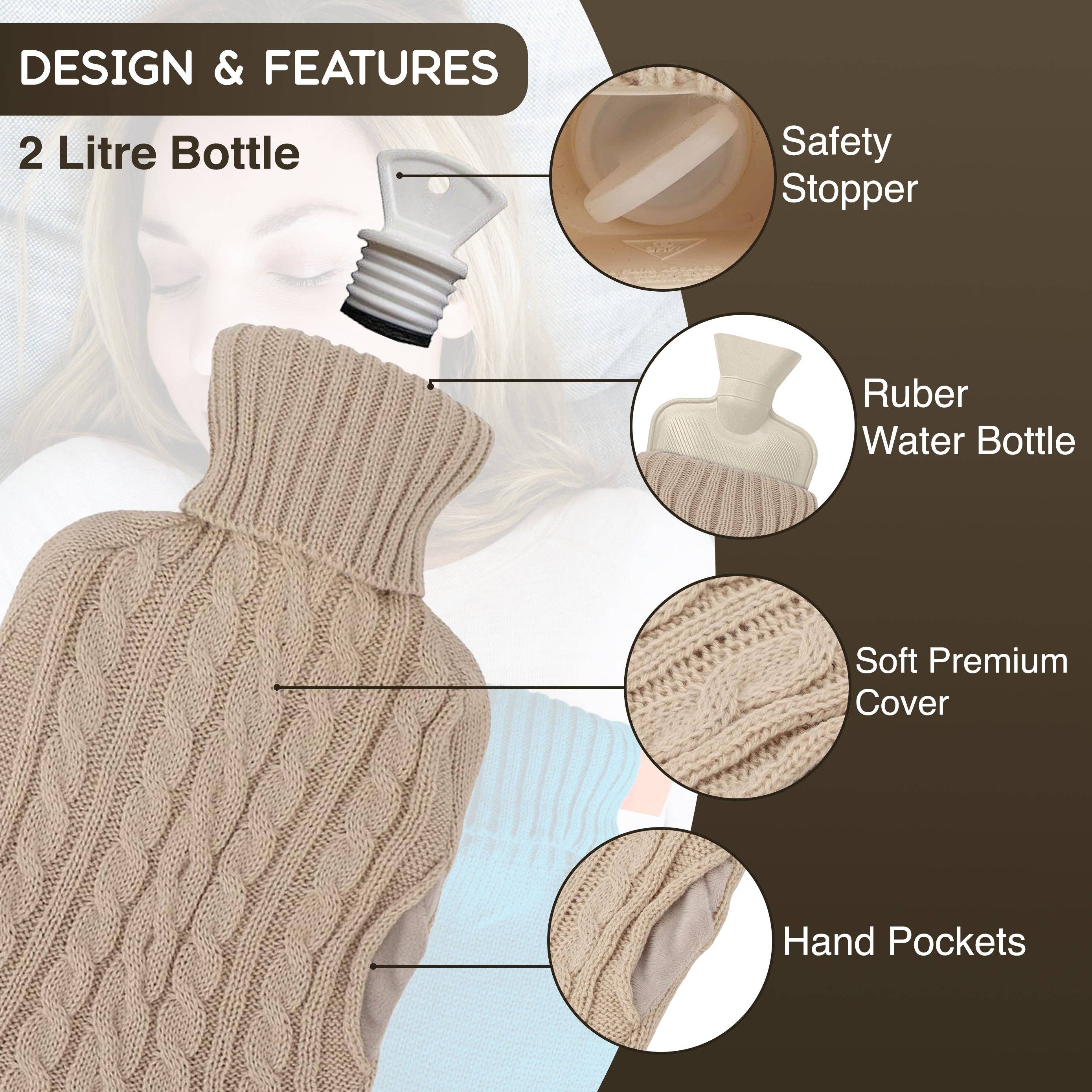 My Wholesale Warehouse – wholesale Hot/cold compress – Generise 'EXTRA WARMTH' 2 Litre Hot Water Bottle with Knitted Cover and POCKETS1