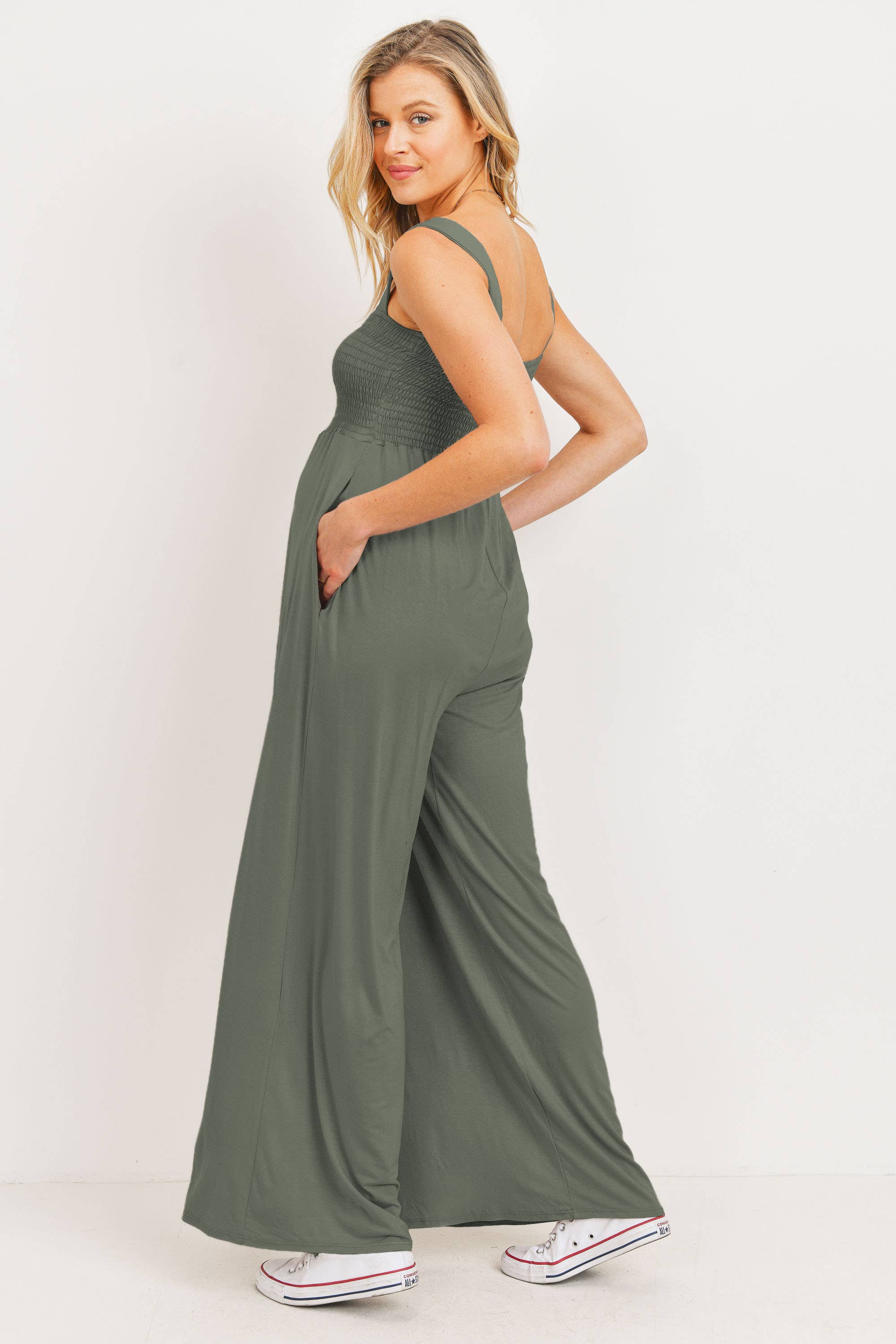 Hello Miz - Wholesale Lounge Romper - Maternity - Sleeveless Smocked Maternity Wide Leg Jumpsuit 19