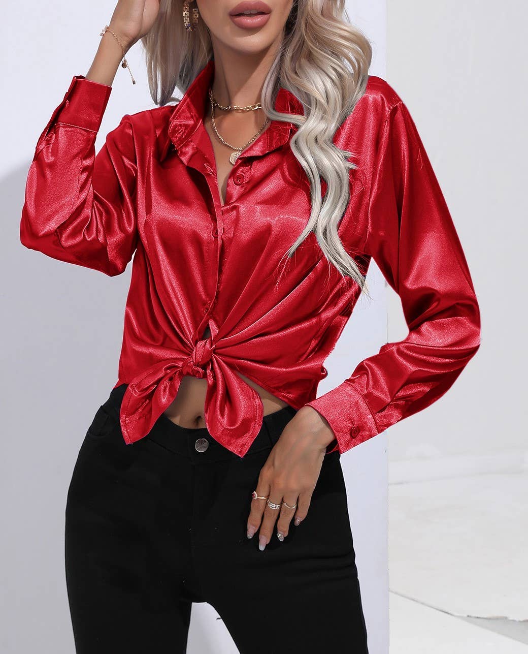 HIDDENBRAND - Wholesale Button Down Shirt - Women's - Satin Faux Silk Long-Sleeved Shirt35