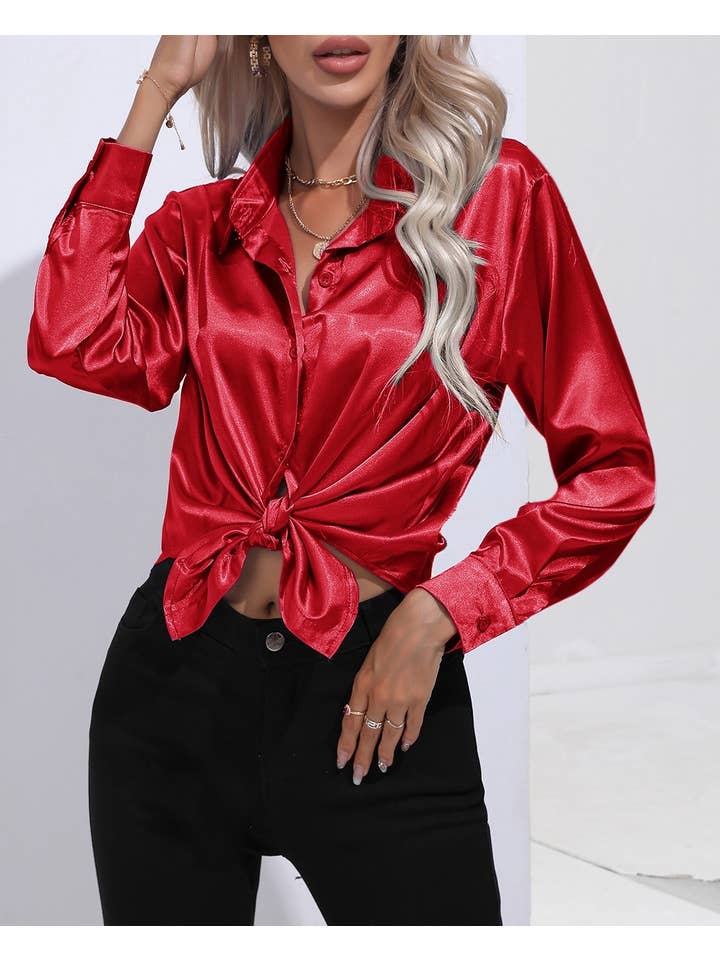 HIDDENBRAND - Wholesale Button Down Shirt - Women's - Satin Faux Silk Long-Sleeved Shirt35