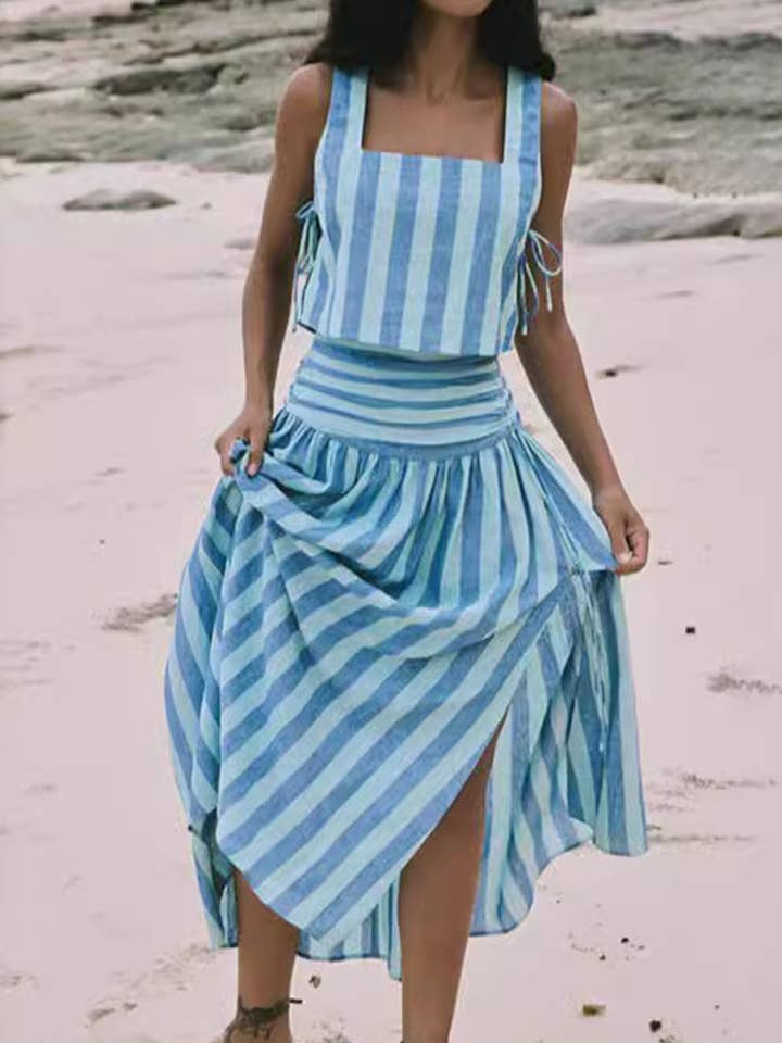 Striped Tank Top and Flared Skirt Two-Piece Set for wholesale by AZSHOP Trading LLC