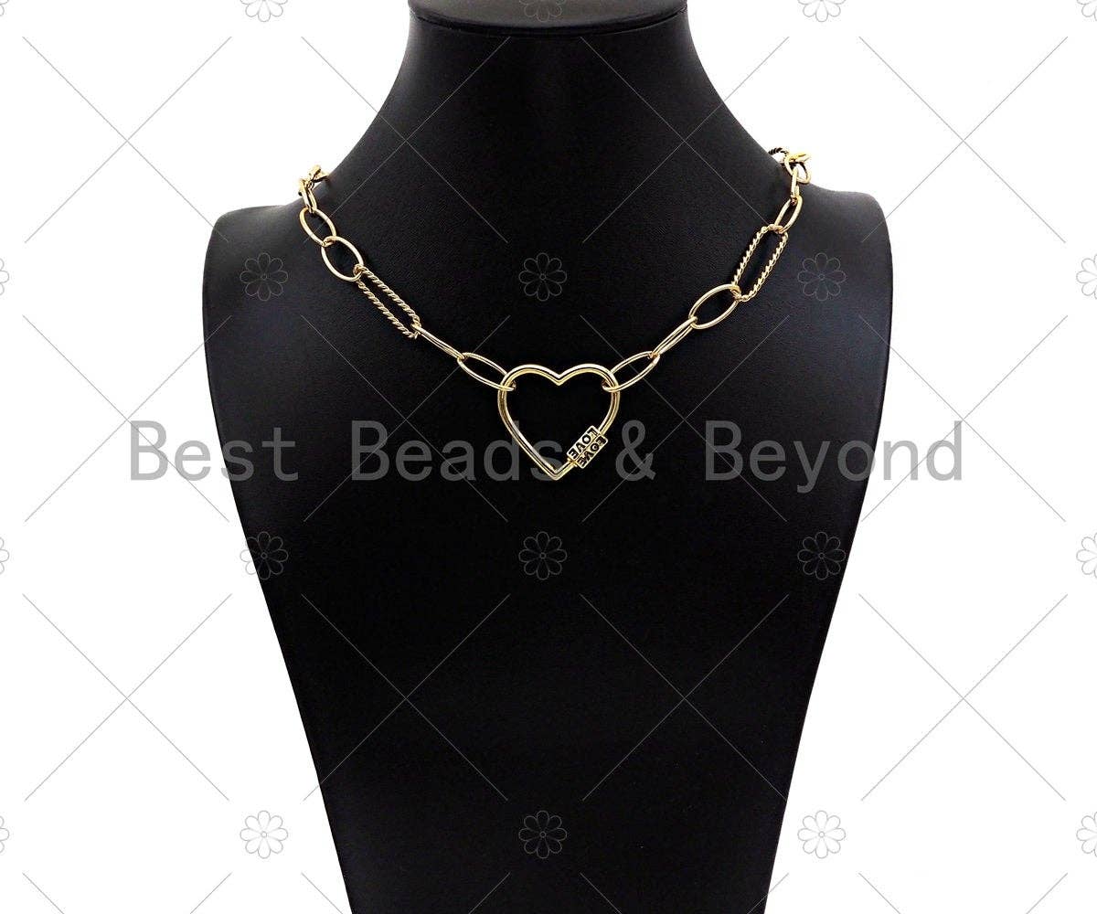 BestBeads&Beyond - Wholesale Clasp - 18K Gold Love Word On Heart Shape Screw Clasp, Heart Connector, Gold Carabiner Clasp,30x29mm, Sku#K1723