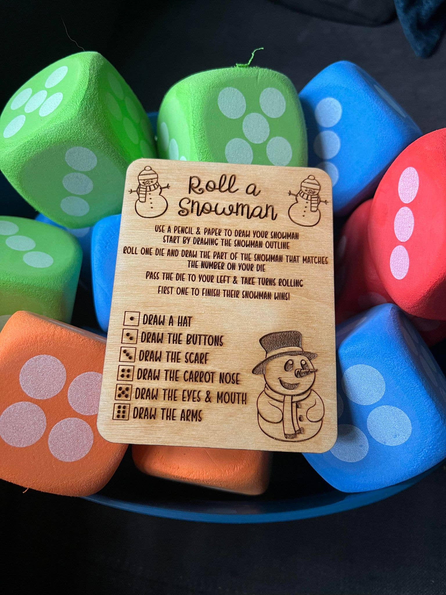 The Cracked Pig - Wholesale Dice - Roll A Snowman Dice Game | Eco Friendly Wooden Game Card