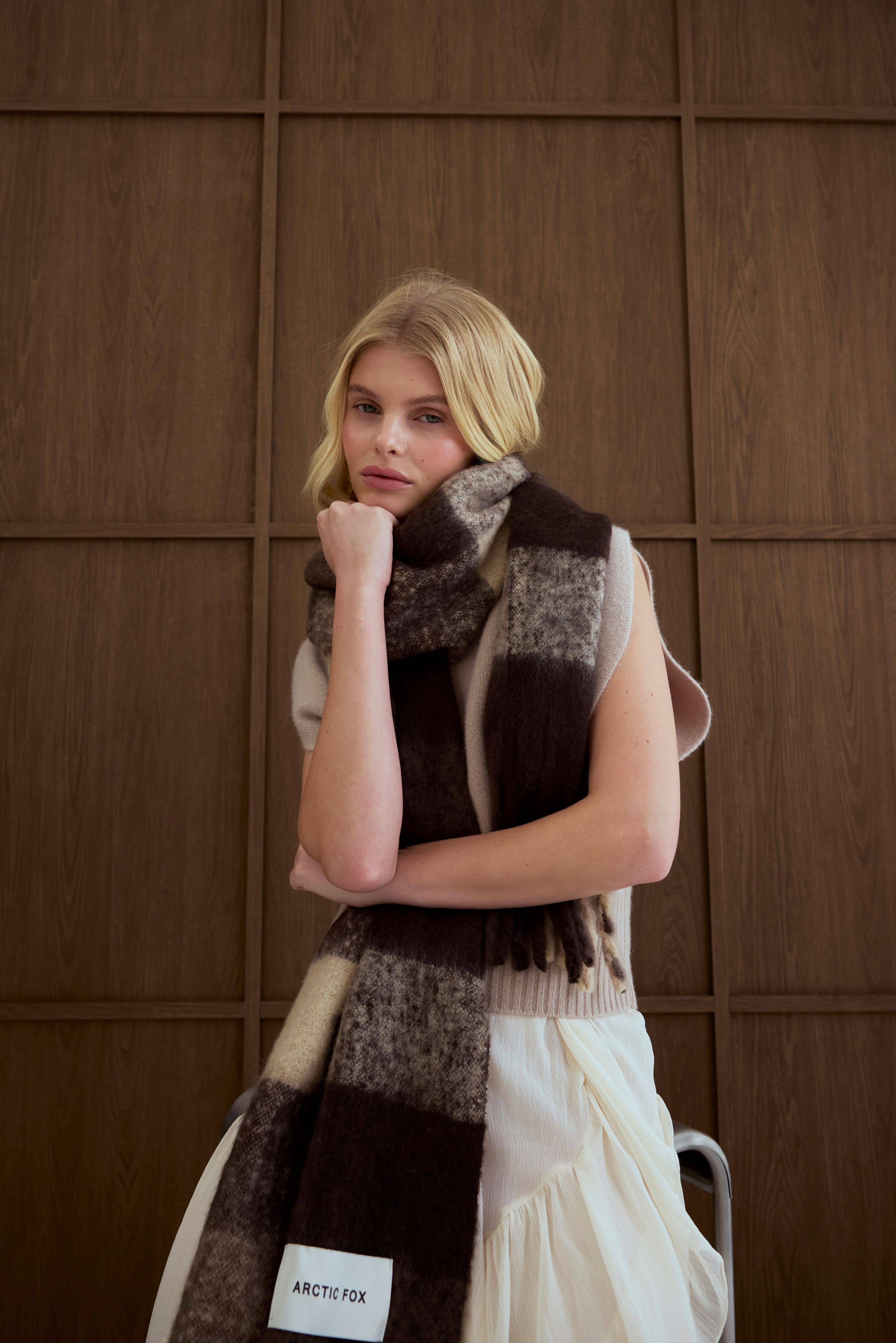Arctic Fox & Co. - North America - Wholesale Scarf - Women's - The Reykjavik Scarf - 100% Recycled - Brown Check - FW255