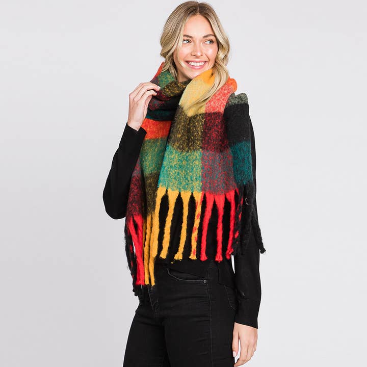 Sensibling Corp. – Cachecol - Mulher por atacado – Cachecol multicolor xadrez estampado com franja oblong11