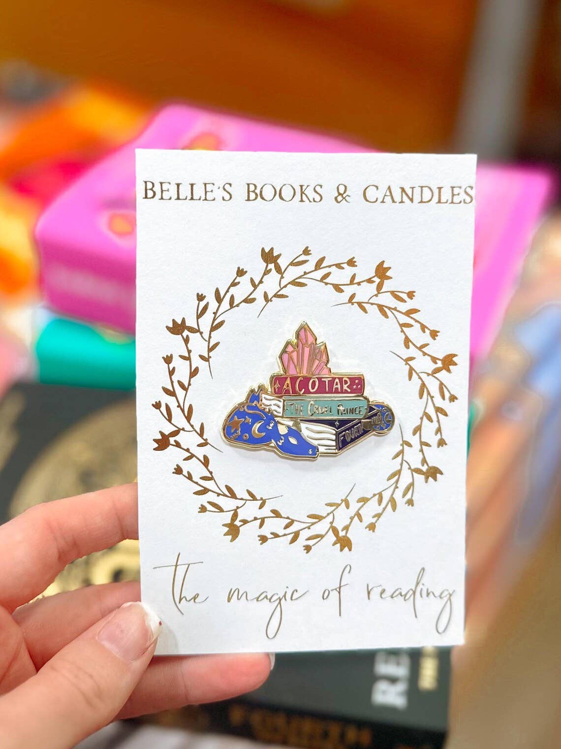 Belle's Books & Candles - Wholesale Lapel pin/button - Romantasy Pin | Romance Fantasy Bookish Pin Badge1