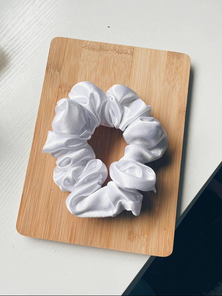 White Satin Scrunchie, Handmade Scrunchy, Silk Satin for wholesale by Sahara Sage Boutique