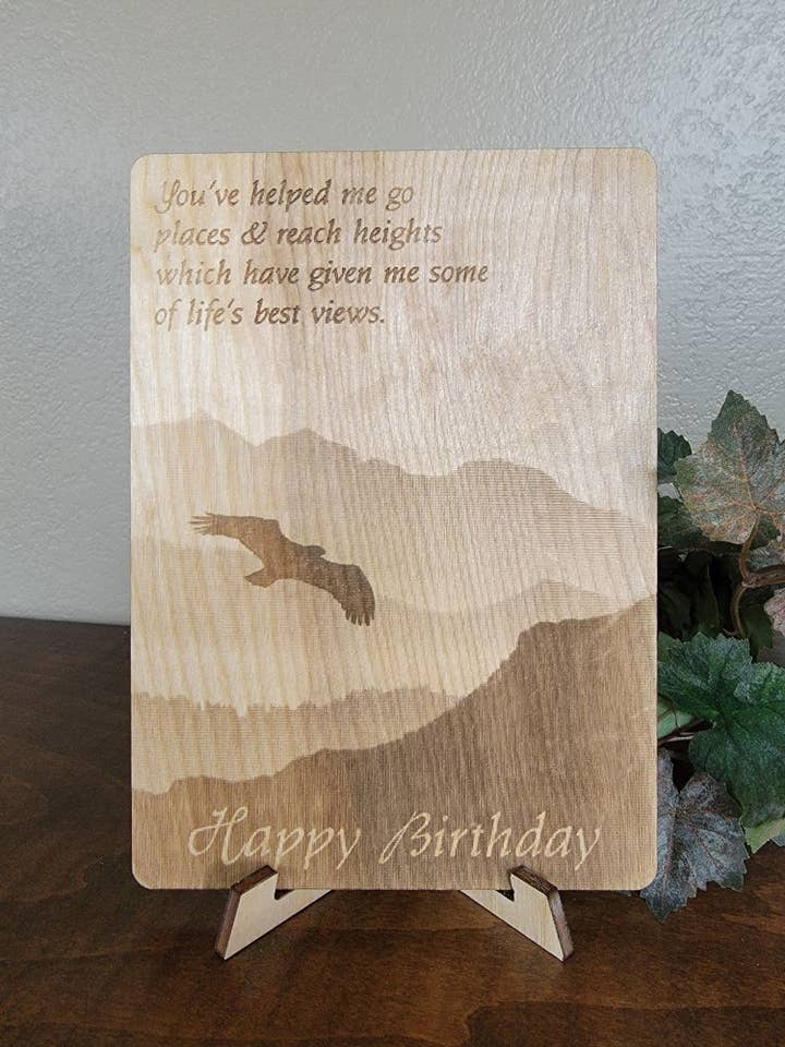 Hawk over Mountains Birthday Wood Greeting Card for wholesale by Personal Handcrafted Displays