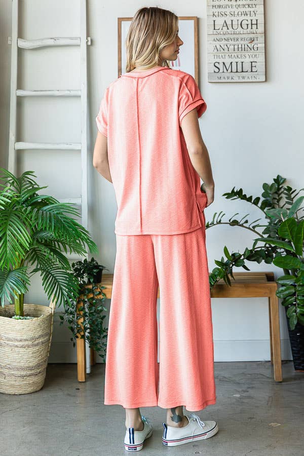 7th Ray - Wholesale Loungeset - Dames - Stevige Getextureerde Korte Mouw Wijde Pijpen Broek Lounge Set TP55049