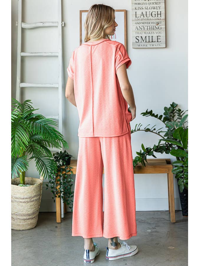 7th Ray - Wholesale Loungeset - Dames - Stevige Getextureerde Korte Mouw Wijde Pijpen Broek Lounge Set TP55049