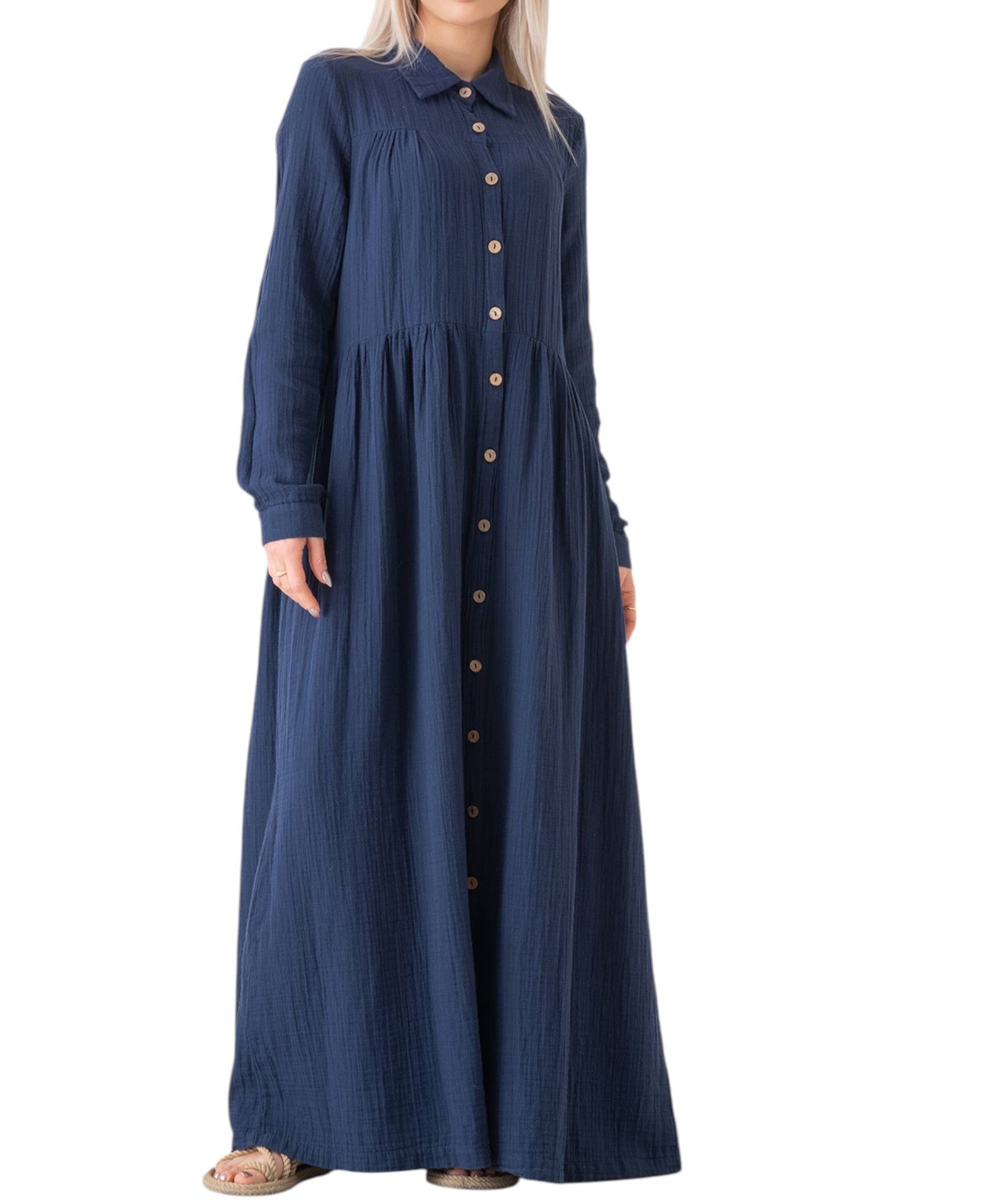 WENOR - Vente Robe – femme - Robe d'été longue en mousseline 100 % coton avec patte de boutonnage, 145 cm18