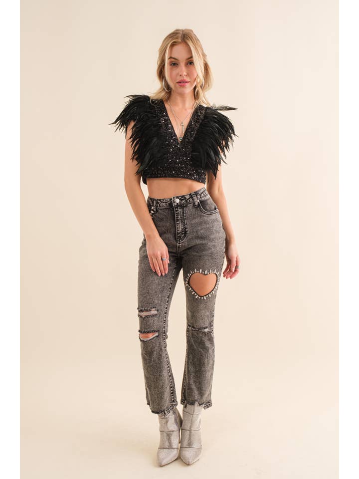 BLACK 34157T - Sequin Feather V Neck Crop Top for wholesale on Faire4