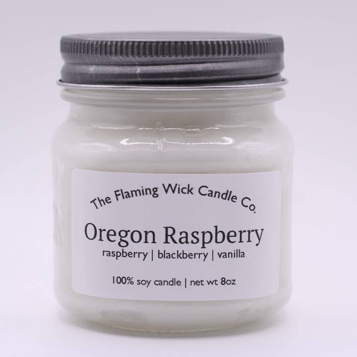 Oregon Raspberry soy candle glass mason jar with pewter lid for wholesale by The Flaming Wick Candle Co.