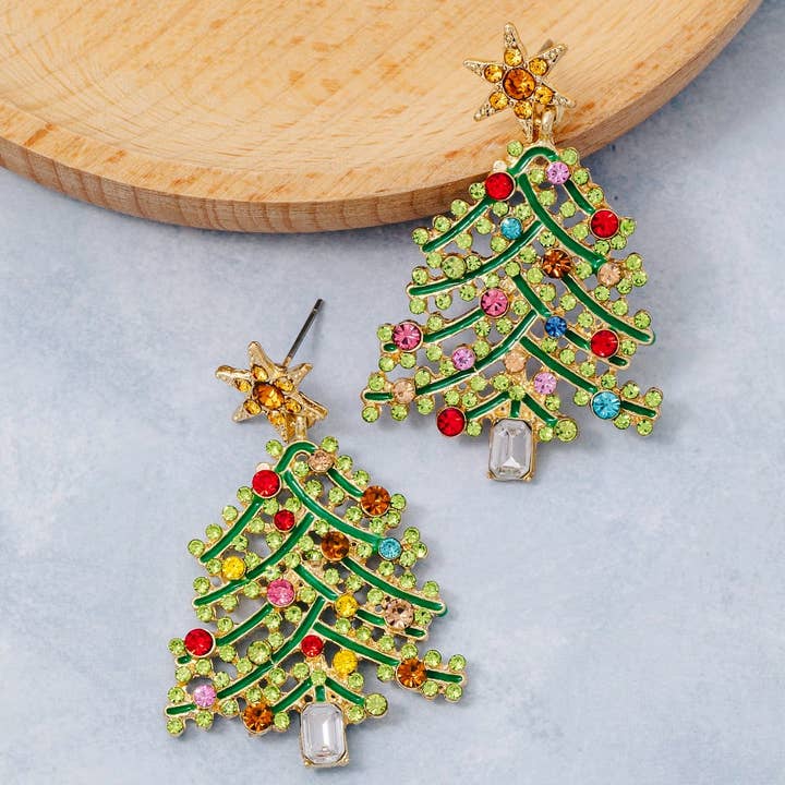 MULTI Vibrant Studded Holiday Christmas Tree Dangle Earrings for wholesale on Faire0