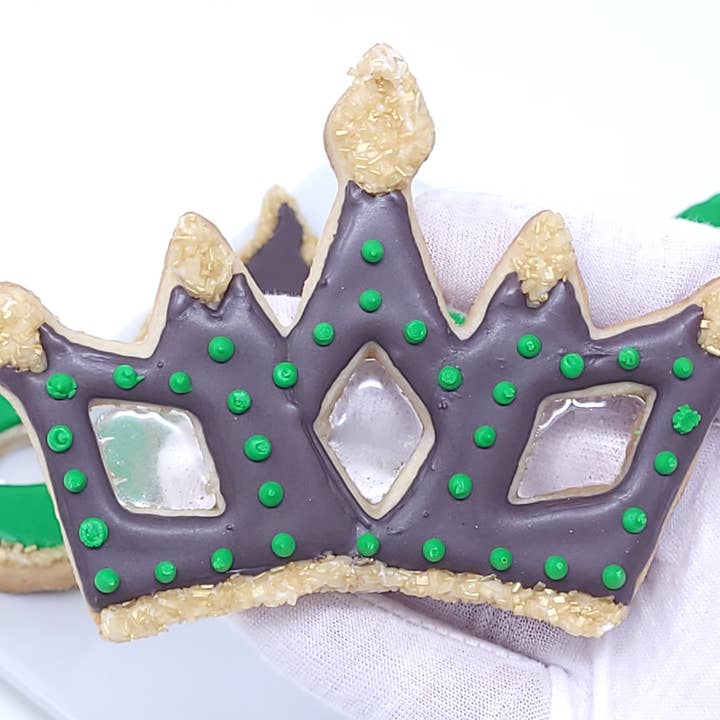 Mardi Gras Crown Royal Icing Candy Glass Cookies for wholesale by Wild Angel Treats, LLC