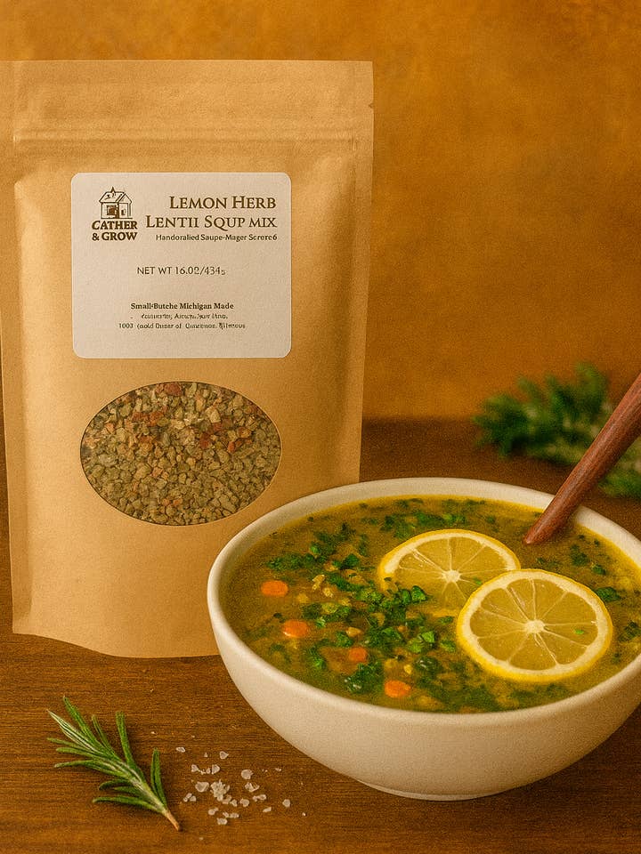 Soupe mijotée prête à l'emploi aux lentilles, citron et herbes pour la vente par Gather and Grow LLC