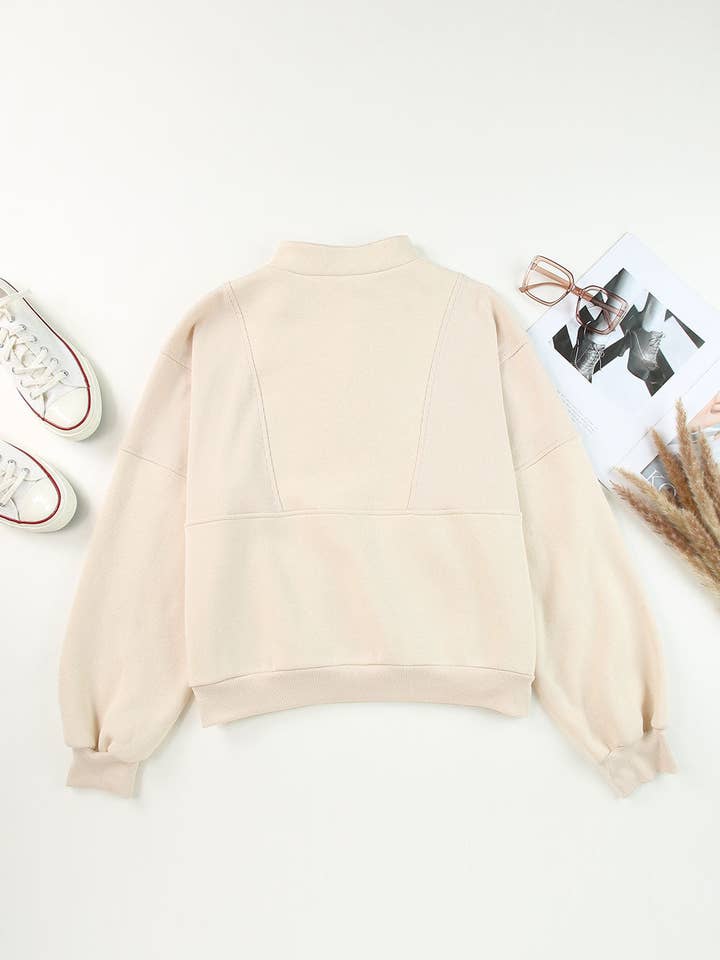 Apricot Half Zip Stand Collar Exposed Seam Solid Color Casual Sweatshirt for wholesale on Faire4